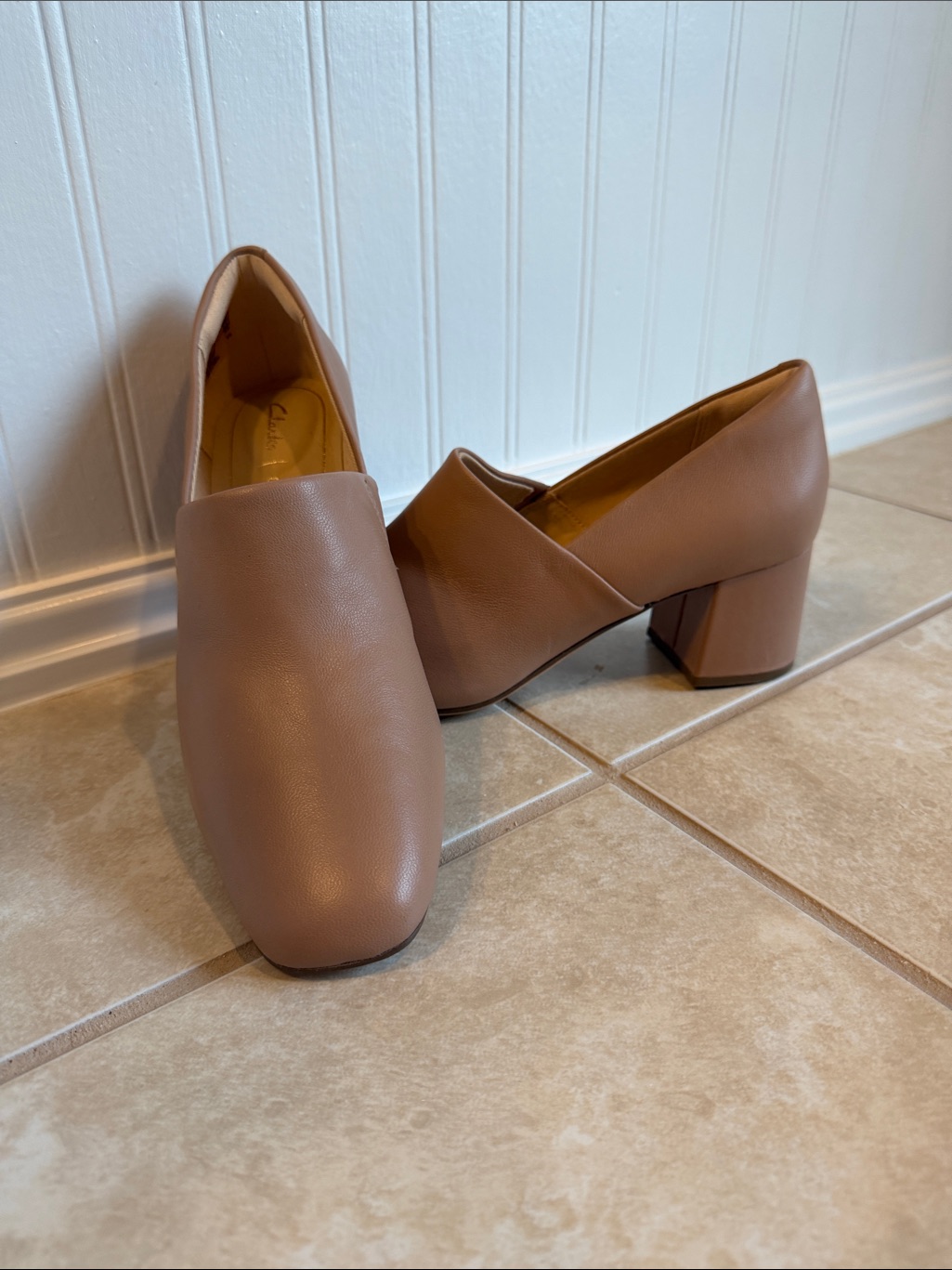 Clarks Mauve Brown Block Heel Loafers